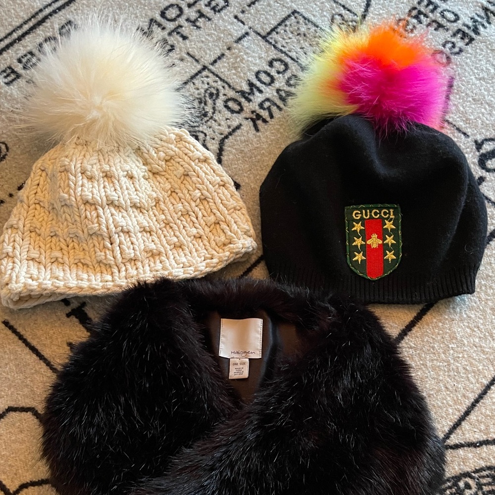 Hand knit white hat with fur Pom Pom and faux fur scarf from Nordstrom